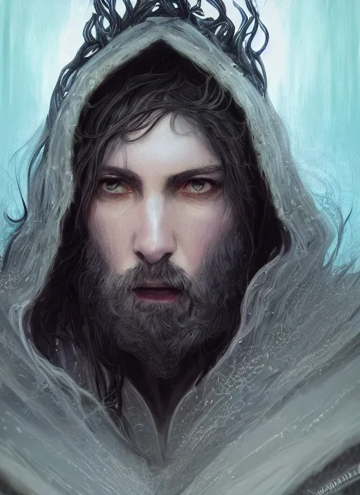 Image similar to Portrait of hexblade warlock Paladin, white glowing eyes, silver shaggy hair, short brown, scruffy beard, cloak, teal ethereal tendril wings, male, fantasy, extremely detailed, digital painting, artstation, concept art, smooth, sharp focus, illustration, stunning lighting, art by artgerm and greg rutkowski and alphonse mucha and simon stalenhag, realistic character concept, high fantasy, light atmosphere, golden ratio, cinematic lighting, hyperdetailed, high resolution, insanely detailed and intricate, artstation, Marc Simonetti, Greg Rutkowski