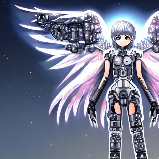 Image similar to cute small cyborg - angel girl with large angelic wings standing on the edge of a rooftop overlooking a dystopian city, left eye gold and right eye silver, biomechanical details, bionic cyborg implants, digital cyberpunk - anime art, full body shot