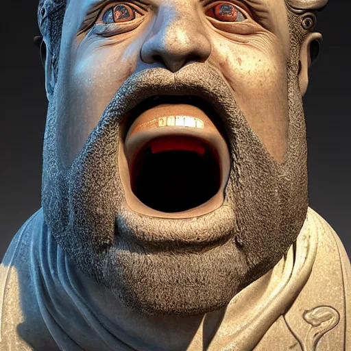 Image similar to portrait of ancient silly greek man with big eyes and sharp nose and open mouth. fine detail. artistic painting by lurid, unreal engine