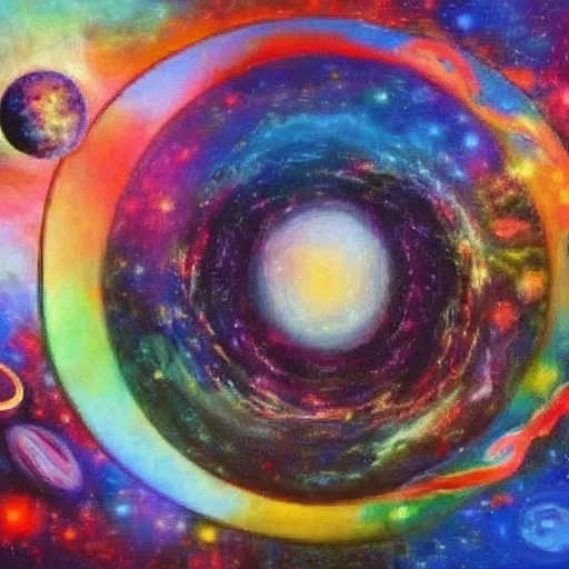 Image similar to alan watts on lsd, oil painting, space, planets, smoke, dreamy
