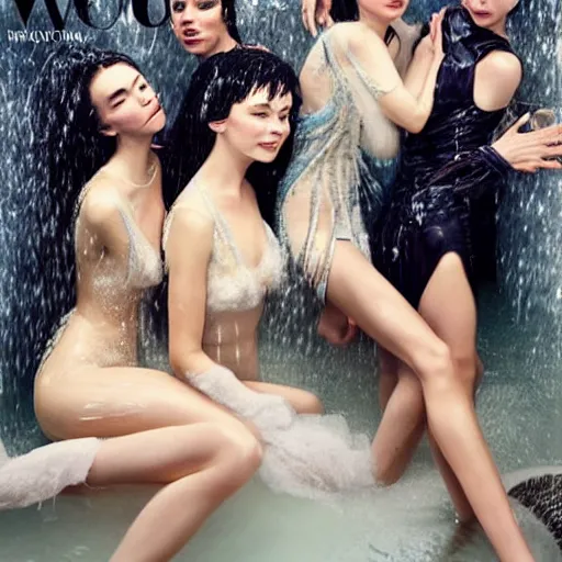 Image similar to stunning vogue magazine photo of dark - haired goddesses vanessa kirby, hailee steinfeld, and bjork smiling, legs intertwined, in a bubble bath, with wet faces!!, wet lips, smooth skin, perfect eyes, insanely detailed, elegant, by wlop, rutkowski, livia prima, mucha, wlop,