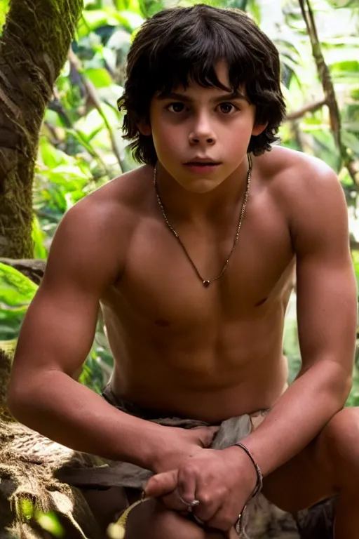 Image similar to young jake t. austin plays mowgli in the live action adaptation of the jungle book, 3 5 mm photography, highly detailed, cinematic lighting, 4 k