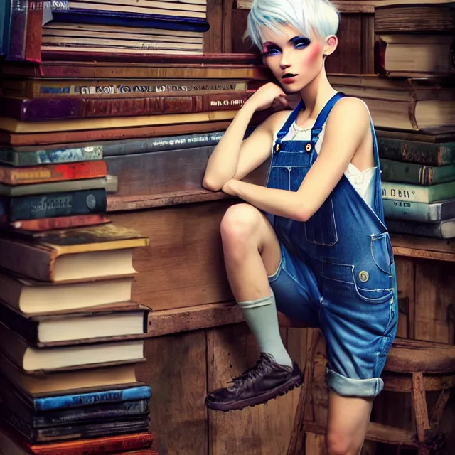 Image similar to full body pose, beautiful adult book fairy, pixar, short white hair shaved sides, dirty, grungy, grunge, long sleeve, painted overalls, stacks of giant books, highly detailed, 4 k, hdr, smooth, sharp focus, high resolution, award - winning photo, artgerm, photorealistic