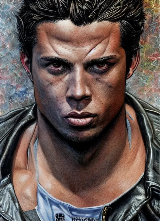 Prompt: portrait of ronaldo nazario, gritty, dark, wearing a leather jacket, very detailed eyes, hyperrealistic, very detailed painting by glenn fabry, by joao ruas, by artgerm