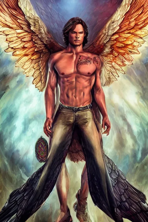 Image similar to handsome Sam Winchester as a muscular angel wings wide open whole body tattooed with runes and religious symbols, urban fantasy romance book cover, D&D!, fantasy style, sharp focus!, ultra detailed, art by Artgerm and Peter Andrew Jones, WLUP