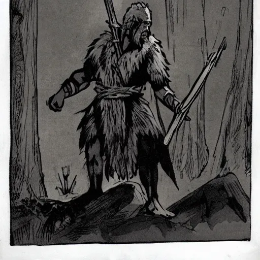 Image similar to A Half-orc Druid holding a wooden staff, wearing a grey fur robe, Mike Mignola