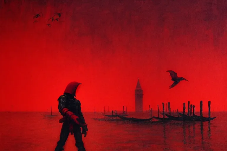 Image similar to only with red, a red dystopic knight, venice, flock of birds in the red sky, in the style of beksinski, parts by edward hopper, parts by rodcenko, parts by yue minjun, intricate and epic composition, red by caravaggio, insanely quality, highly detailed, masterpiece, red light, artstation, 4 k