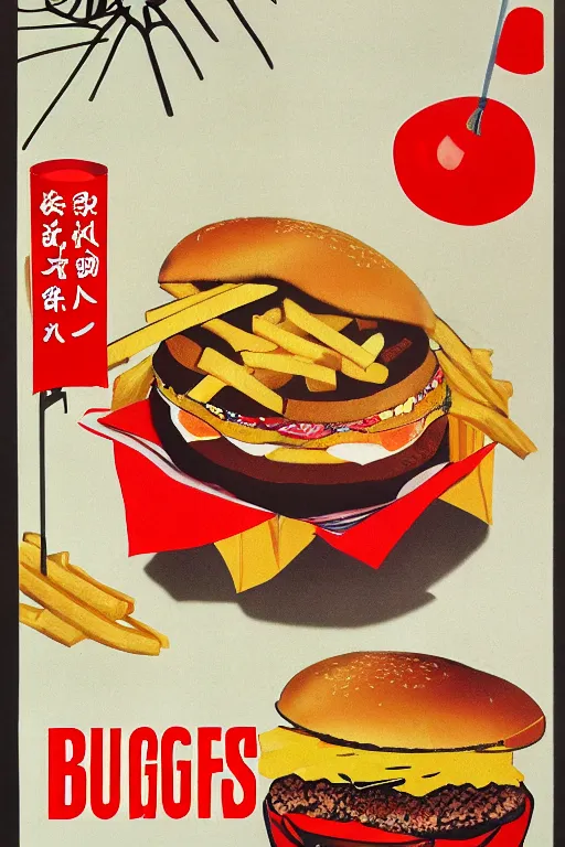 Prompt: burger and fries advertisment, still life, 1 9 7 0 s japan shouwa advertisement, print, nostalgic