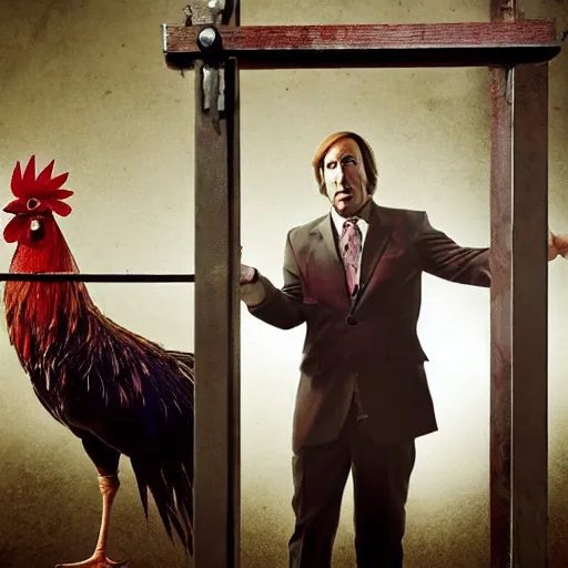 Image similar to saul goodman and a rooster in a saw movie torture chamber, torture devices in the background, saul goodman, rooster, photo