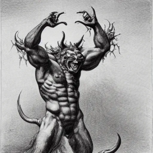 Image similar to full body grayscale drawing by Gustave Dore of muscled horned humanoid beast in heroic pose, swirling flames in background