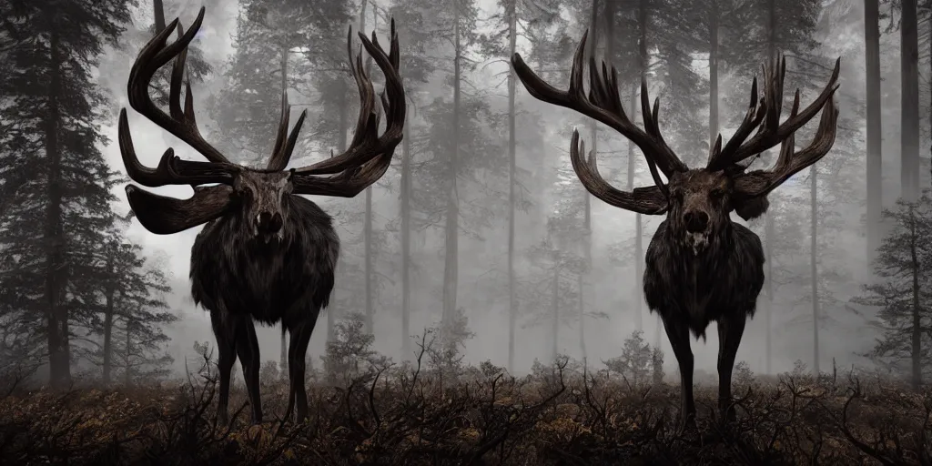 Image similar to leshen with deer skull head, and moose horns, ram skulls, grand imposing powerful sculpture. swirls of mist. occult photorealism, uhd, amazing depth, volumetric lighting, cinematic lighting. epic landscape.