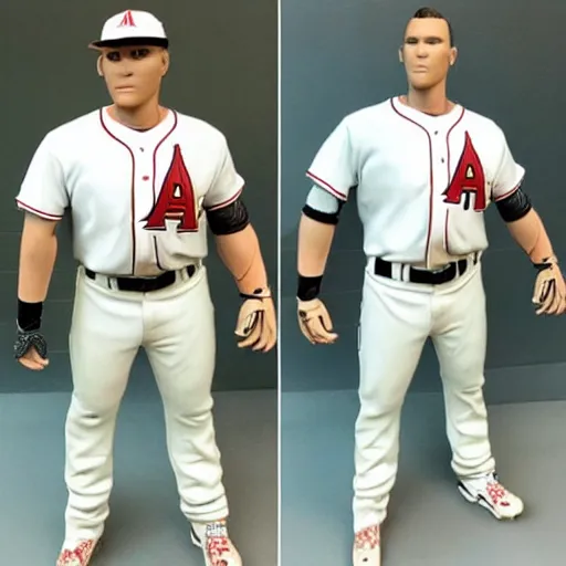 Image similar to “a realistic detailed photo of a guy who is an attractive humanoid who is half robot and half humanoid, who is a male android, baseball player Mike Trout, shiny skin, posing like a statue, blank stare, on the baseball field, on display”