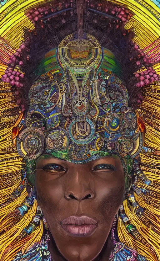 Image similar to upper half portrait of retro futuristic african tribal chief - embellished with vegetation and iridescent crystals, art by stanley artgem lau, design blocking by alphonso mucha, colouring by zdzisaw beksinski, highly detailed, digital painting, airbrush, concept art, illustration, smooth sharp focus, intricate, symmetry, artstation, colourful,