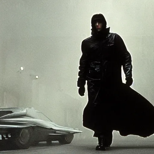 Image similar to film still blade runner with a man in a techwear outfit