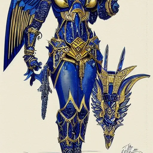 Image similar to art deco valkyrie, blue and gold ornate armor, highly detailed, intricate detail, art station,