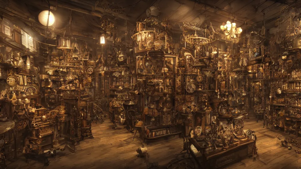 Prompt: A steampunk store, by tian gan, ultra detailed displays of weapons and clockwork machinations densely packed on shelves, volumetric lighting, 8k, unreal engine, trending on artstation