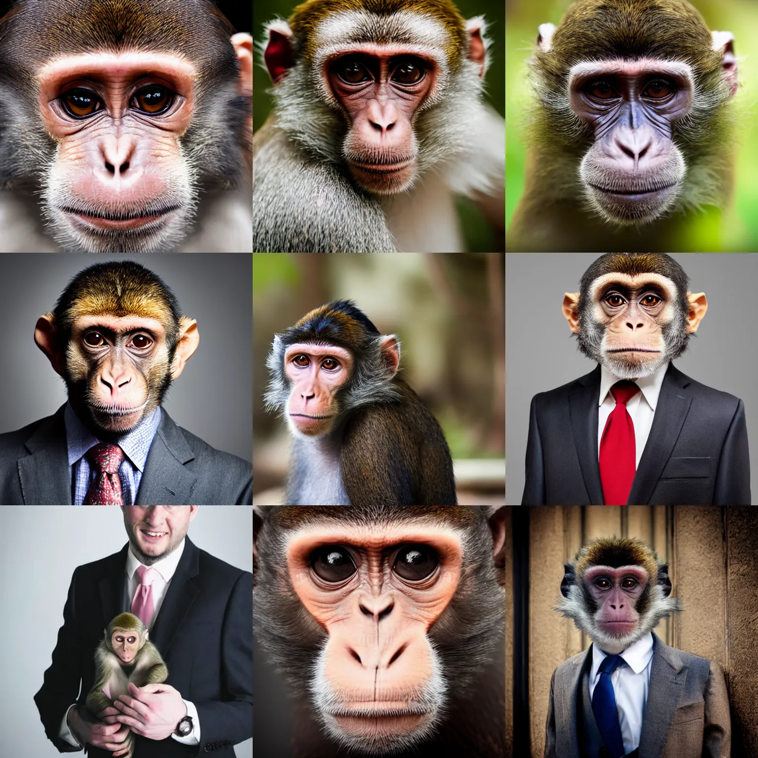 Prompt: headshot photo of a monkey in a suit looking mildly uncomfortable