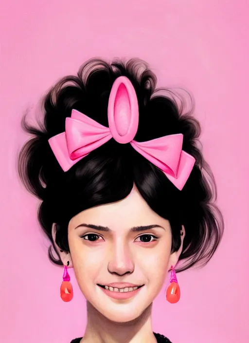 Image similar to portrait of high school girl, realistic, black hair, bangs, half updo hairstyle, pointy nose, skinny, smile, ugly, defined jawline, big chin, pink hair bow, earrings, intricate, elegant, glowing lights, highly detailed, digital painting, artstation, sharp focus, illustration, art by wlop, mars ravelo and greg rutkowski