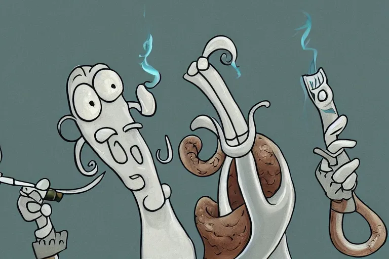 Image similar to squidward smoking crack, digital painting masterpiece, intricate detail, beatiful brush strokes, 4 k wallpaper, stylized yet realistic anatomy and faces