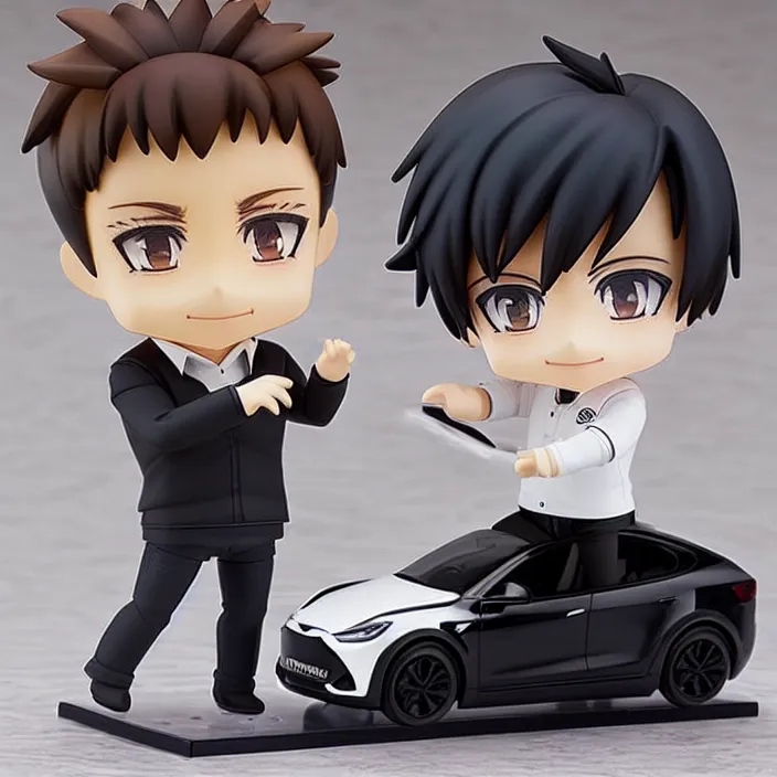 Image similar to a anime nendoroid of elon musk wear white polo and black shoe, car tesla 3, figurine, product photo, detailed