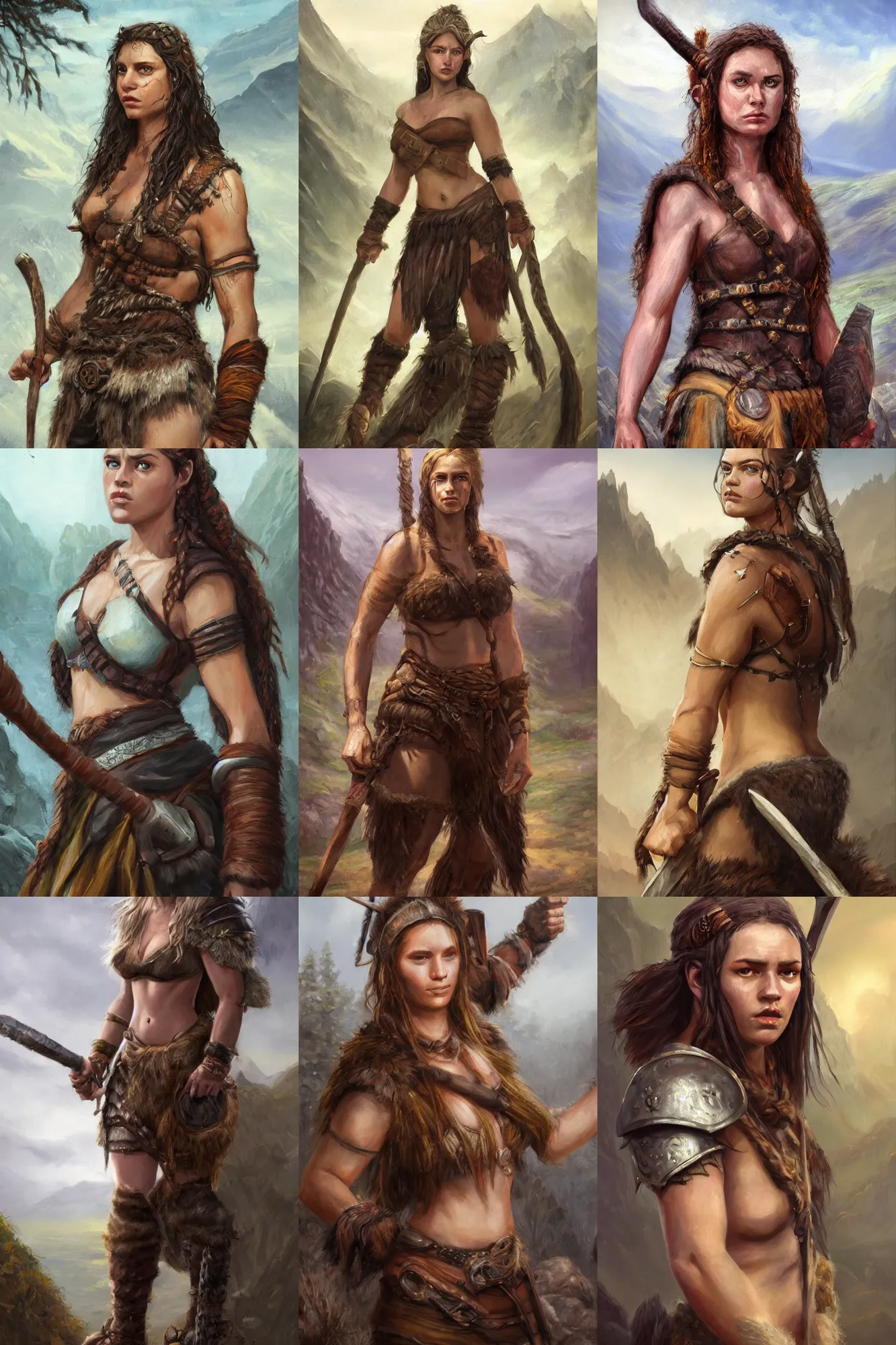 Image similar to a full body high detail fantasy portrait oil painting illustration of a beautiful young rugged stoic barbarian woman by justin sweet with face and body clearly visible, in a scenic background, pupils visible, realistic proportions, d & d, rpg, forgotten realms, artstation trending, high quality, sombre mood, artstation trending, muted colours, entire person visible!