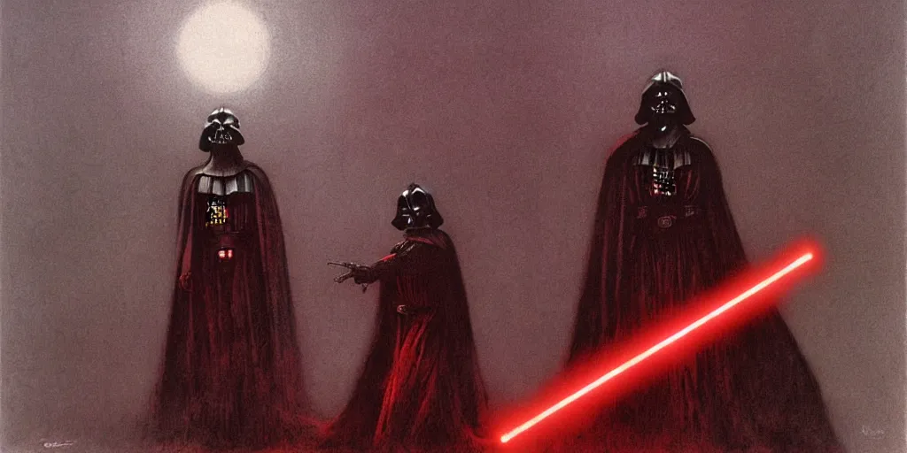 Prompt: Darth Vader with a red lightsaber by Beksinski, Luis Royo