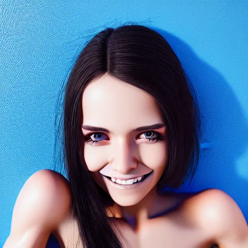 Image similar to hyperrealistic full figure portrait of a cute thin young girl, athletic body, six pack, abs, concentrated look, cute smile, highly detailed, detailed face and eyes, long black hair, flushed face, blue eyes,, volumetric lighting, 8 k, art photography, sport photography