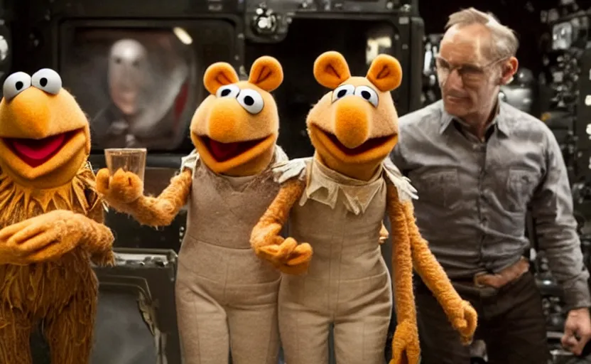 Image similar to a still of muppets in interstellar ( 2 0 1 4 ). highly detailed felt. hyper real photo. 4 k.