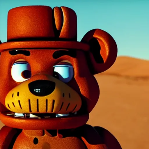 Image similar to Closeup of Freddy Fazbear in the Sahara desert, award winning Tarantino movie still, 35 mm, cinematic