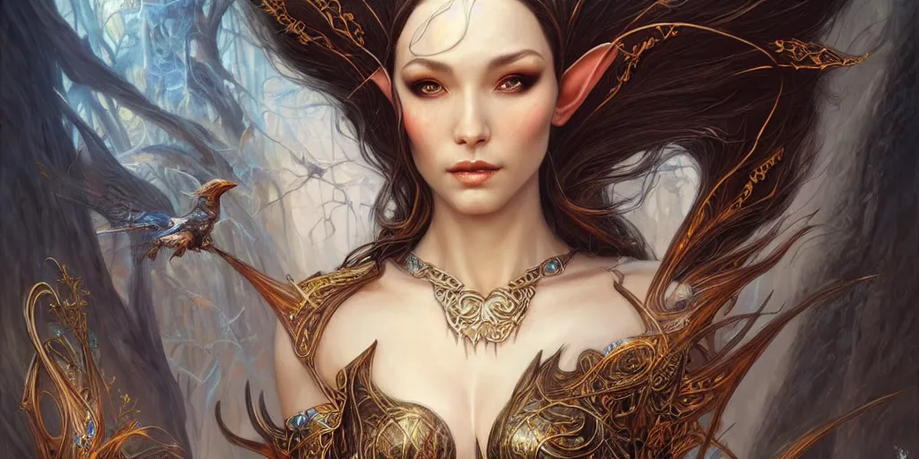 Prompt: a female elf sorceress by karol bak and jia ruan, beautiful detailed eyes, cute, fantasy, intricate, elegant, highly detailed, digital painting, 4 k, hdr, concept art, detailed jewelry, smooth, sharp focus, illustration, art by artgerm