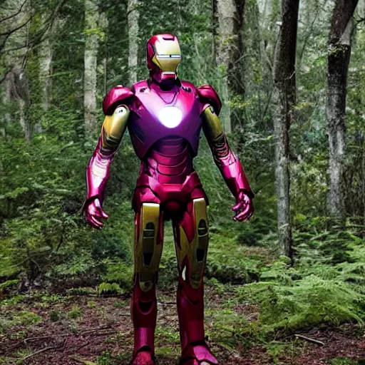 Image similar to rusty abandoned iron man suit in the middle of the forest, 4k realistic photo