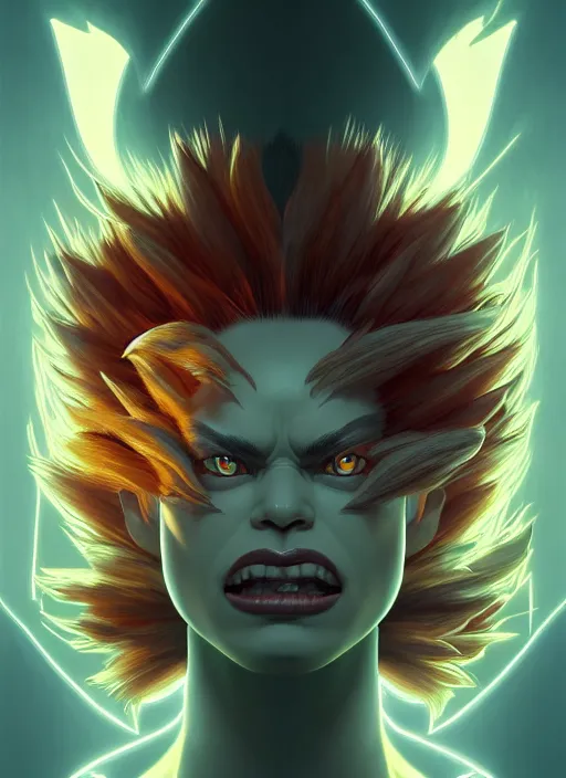 Image similar to symmetry!! portrait of blanka with lightning, street fighter, global illumination!! intricate, elegant, highly detailed, digital painting, artstation, concept art, smooth, sharp focus, illustration, art by artgerm and greg rutkowski and alphonse mucha