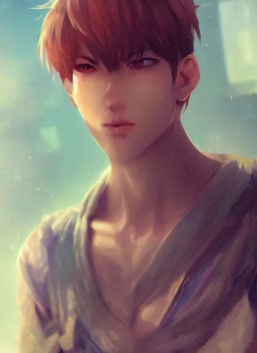 Prompt: detailed beautiful male character art of a protagonist, depth of field, on amino, by sakimichan patreon, wlop, weibo, lofter. com high quality art on artstation.