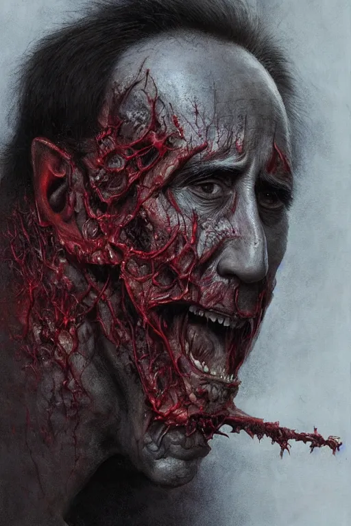 Prompt: Many faces of Nicolas Cage which crawls under the hood of distorted creature, dark fantasy, intricate, red, highly detailed, smooth, artstation, painted by Wayne Barlowe, Greg Rutkowski, zdislav beksinski, Francis Bacon
