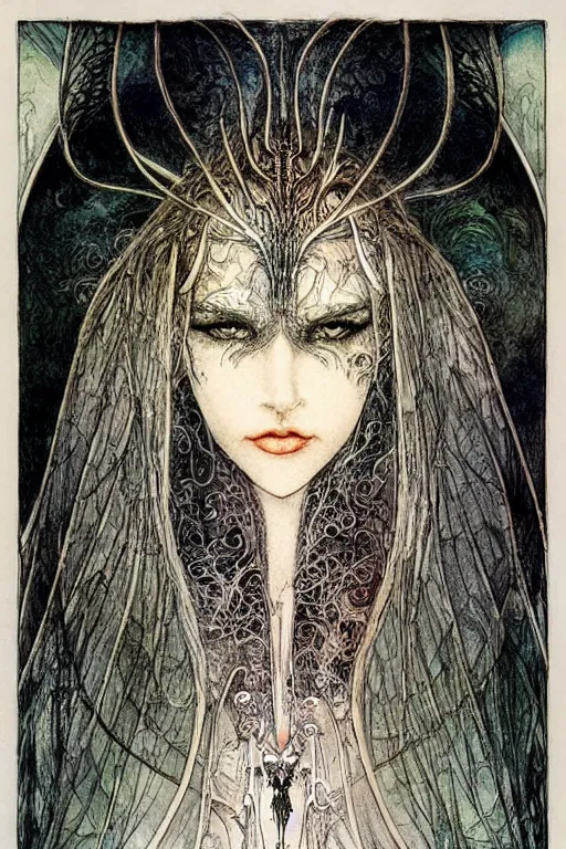 Image similar to dark fairy face closeup surrounded circular frame of insect wings, art by luis royo and walter crane and kay nielsen, watercolor illustration, ultra sharp focus