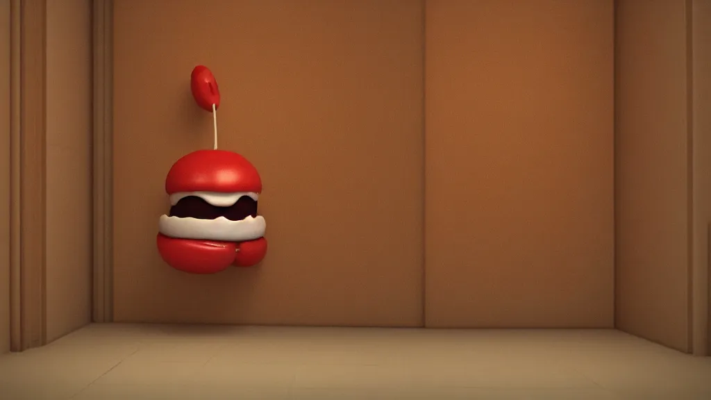 Prompt: 3d render of a hotdog floating ominously in a hallway