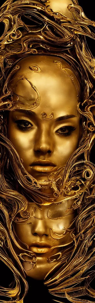 Image similar to epic illustration, gold bodypaint, neobrutalistic, digital abstract sculpt of beautiful female face and black swirling latex acrylic portrait, black latex sculpt, minimalism, mechanical superstructure, sacred geometry, 8 k, cinematic, magic hour, beautiful light, sculpture of carving marble, dark colors, filigree ornaments, one point light, clockwork, epic matte painting