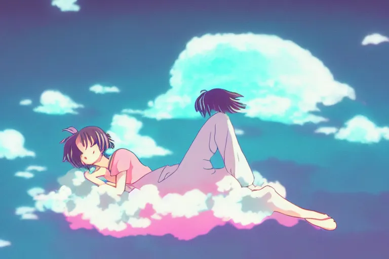 Image similar to a cute anime girl sleeping on a cloud, misty, glows, by studio ghibli, anime, hazy, foggy, ambient lighting, 8 k, neon, synthwave,