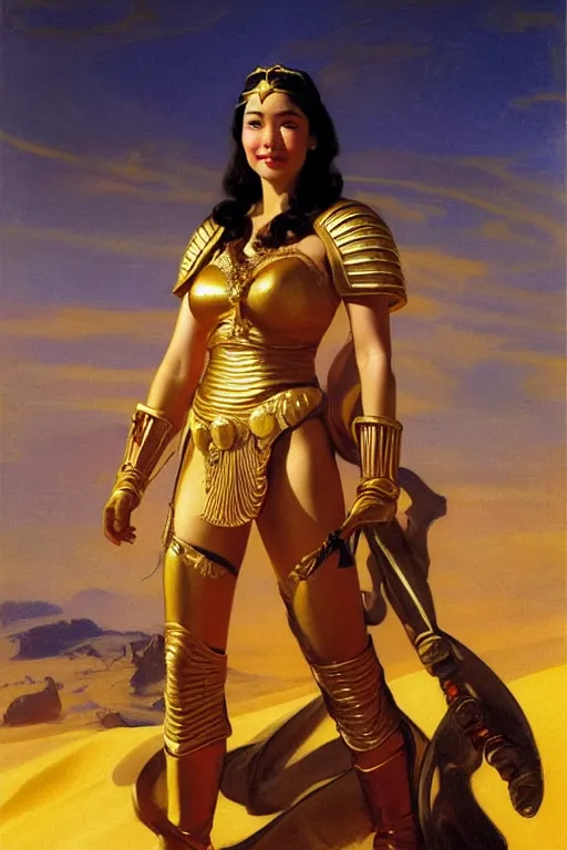 Prompt: young dejah thoris on mars wearing space marine gold armor, after a battle, close - up portrait, tiara, sand dunes to the horizon, sunset, oil painting on canvas, by sargent and leyendecker