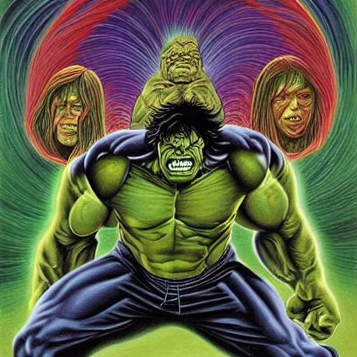 Prompt: the incredible hulk, painted by alex grey