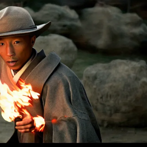 Image similar to cinematic film still Pharrell Williams starring as a Samurai holding fire, Japanese CGI, VFX, 2003, 40mm lens, shallow depth of field,film photography