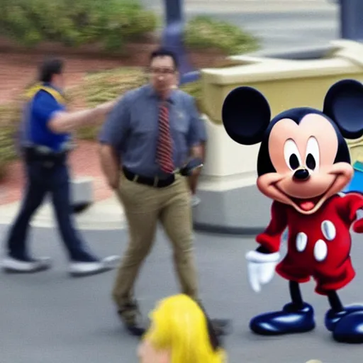 Prompt: cell phone photo of mickey mouse being escorted out of disneyland by security in handcuffs, very realistic