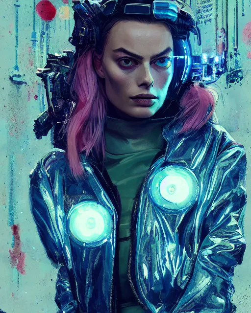 Prompt: neon operator margot robbie, cyberpunk futuristic neon, reflective puffer jacket, decorated with traditional japanese ornaments by ismail inceoglu dragan bibin hans thoma greg rutkowski alexandros pyromallis nekro rene maritte illustrated, perfect face, fine details, realistic shaded, fine - face, pretty face