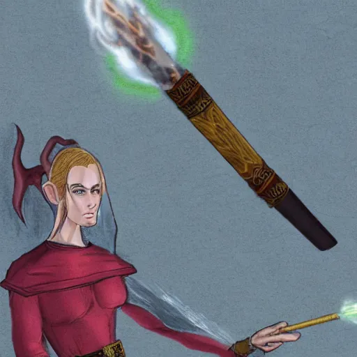 Prompt: a realistic illustration of a top half of a body of a female elf casting a fire spell