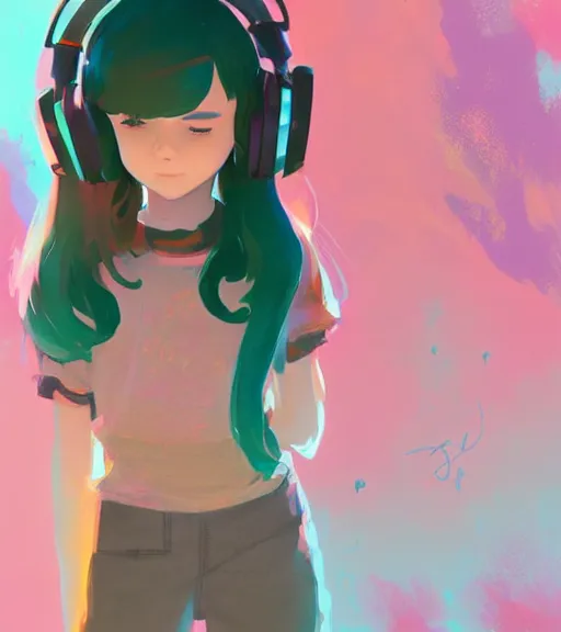 Image similar to beautiful little girl character inspired by 9 0's fashion and by madeline from celeste, art by rossdraws, wlop, ilya kuvshinov, artgem lau, sakimichan and makoto shinkai, concept art, headphones, anatomically correct, extremely coherent, realistic, hd