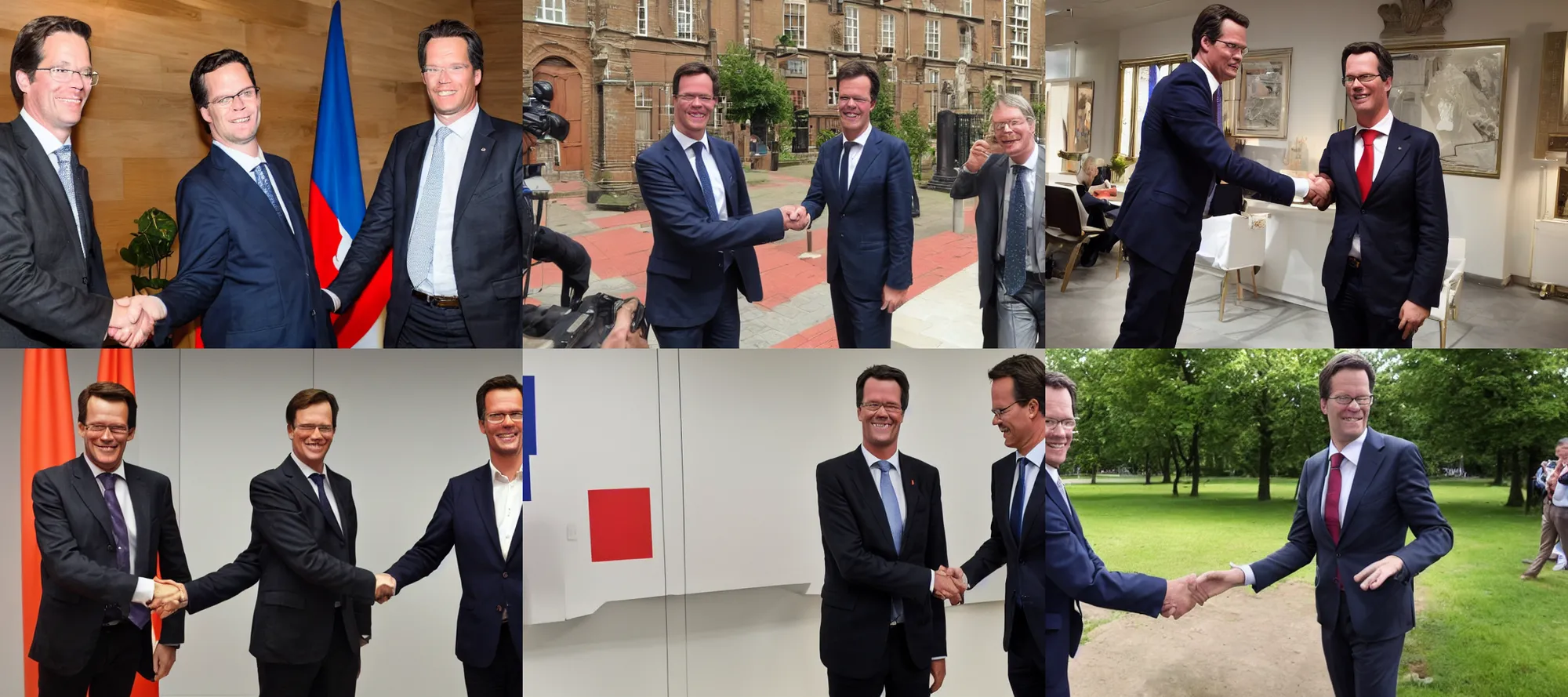 Prompt: piet piraat shaking hands with mark rutte