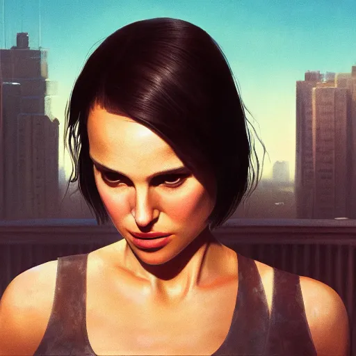 Image similar to closeup portrait of natalie portman from the movie leon the professional, hitman, city background, dramatic light, gorgeous view, depth, high detail, digital art, painted by greg rutkowski and seb mckinnon, by tim burton, trending on artstation