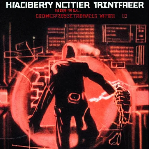 Image similar to 1 9 8 0 s hacker fighting evil demon possessed computer network trying to enslave humanity, movie poster, award winning poster art