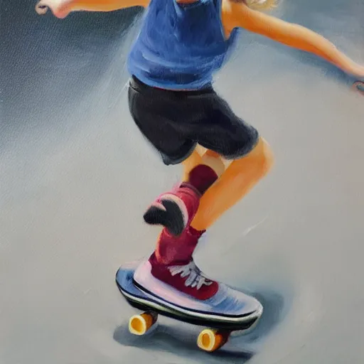 Image similar to girl playing skateboard, oil painting