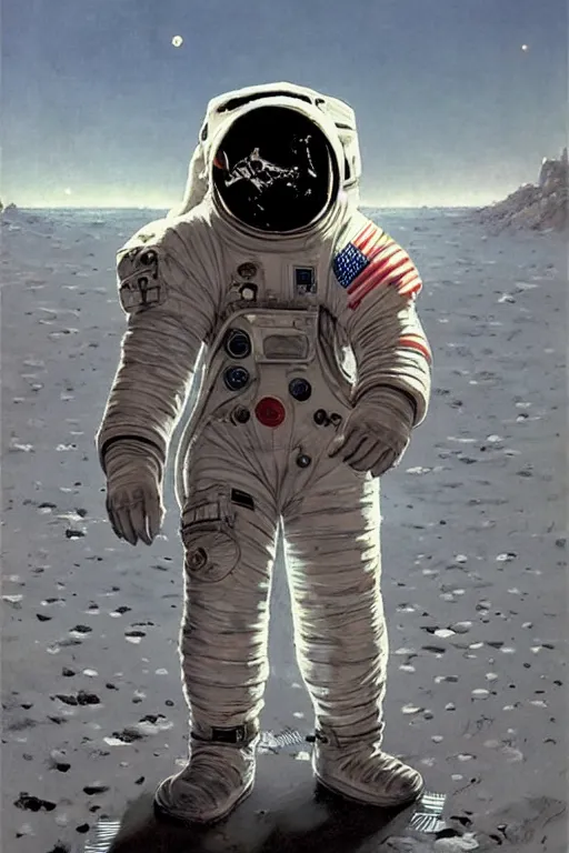 Prompt: fan astronaut stands on the surface of the moon, by norman rockwell, jack kirby, jon berkey, earle bergey, craig mullins, ruan jia, jeremy mann, tom lovell, marvel, astounding stories, 5 0 s pulp illustration, scifi, fantasy, artstation creature concept